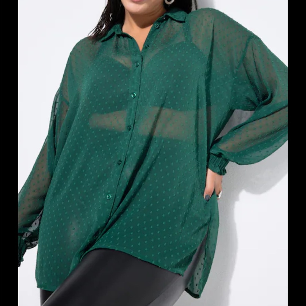 Express Dark Green Sheer Button Down Shirt